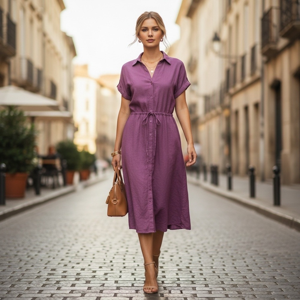 Jewel Badgley Mischka Cotton Rayon Button Front Midi Shirt Dress S Purple #318H